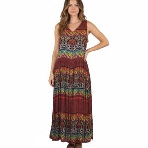 Vtg 90s BILA Maxi Dress L Whimsigoth Boho India Crinkle Rayon Border Print